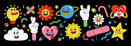 Sticker pack of funny cartoon characters. Vector illustration of comic heart, sun, planet, berry, abstract faces etc.のイラスト素材