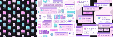 Old computer aestethic 1980s -1990s. Set of seamless patterns with retro pc elements and user interface.のイラスト素材