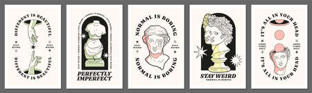 Abstract greek ancient statues and surreal elements. Set of vector cards in trendy psychedelic weird style.のイラスト素材