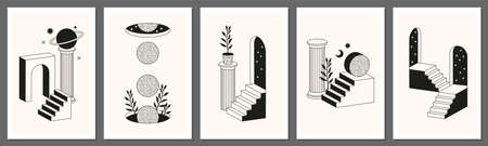 Surreal abstract posters and cards in trendy minimal line art style. Columns, stairs, arch, geometric shapes.のイラスト素材