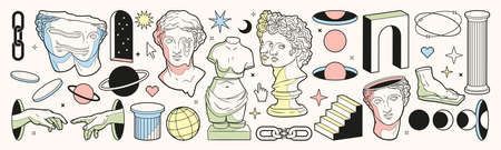 Greek ancient statues and surreal elements in trendy psychedelic weird style.のイラスト素材