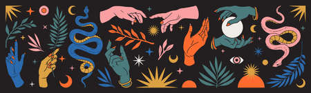 Abstract mystical set with hands, snakes, moon, sun, magic, leaves, floral elements in trendy bohemian celestial style.のイラスト素材