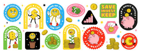 Financial sticker pack with funny cartoon abstract characters, inspirational quotes about money, finance, investment.のイラスト素材