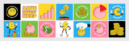 Financial sticker pack with funny cartoon abstract characters, inspirational quotes about money, finance, investment.のイラスト素材