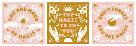 Boho mystical posters with inspirational quotes about energy, magic and good vibes in trendy bohemian style.のイラスト素材