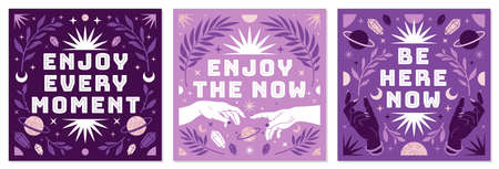 Boho celestial vector posters with inspirational quotes in trendy bohemian style. Tarot magic card.のイラスト素材