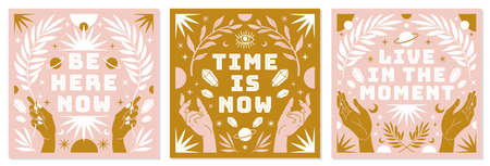 Boho celestial vector posters with inspirational quotes in trendy bohemian style. Tarot magic card.
