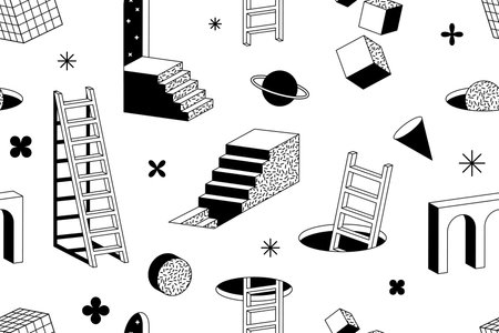 Surreal geometric shapes. Abstract vector elements and signs in trendy minimal outline style. Arch, stairs, column etc.のイラスト素材
