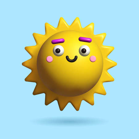 Cartoon 3D Sun character isolated on blue background. Vector illustration in trendy 3D style.