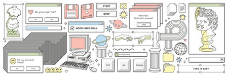 Old computer aestethic. Retro pc elements, user interface, psychedelic greek sculpture, smile, planet, windows, icons in trendy y2k retro style. Vector illustrations. Nostalgia for 1990s -2000s.のイラスト素材