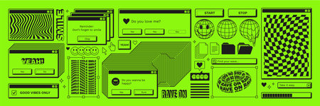 Old computer aestethic. Retro pc elements, user interface, operating system, windows, icons, smile...