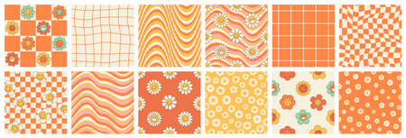 Groovy seamless patterns with funny happy daisy, wave, chess, rainbow in trendy retro 70s style.