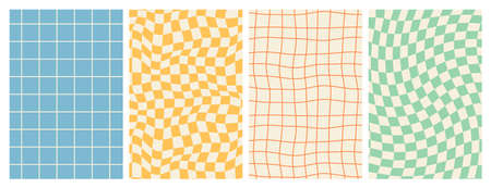 Groovy hippie 70s backgrounds. Checkerboard, chessboard, mesh, waves patterns. Twisted and distorted...