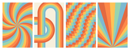 Groovy rainbow backgrounds. Checkerboard, chessboard, mesh, waves, swirl, twirl pattern. Twisted and distorted vector texture in trendy retro psychedelic style. Hippie 70s aesthetic.のイラスト素材