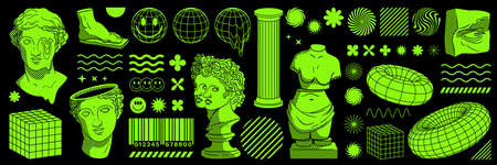 Rave psychedelic retro futuristic set. Modern sculpture and statue, surreal geometric shapes,...