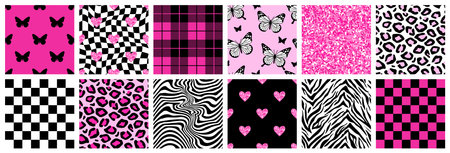 Y2k glamour pink seamless patterns. Backgrounds in trendy emo goth 2000s style.のイラスト素材