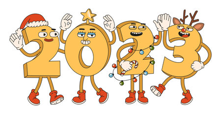 Happy New Year 2023. Numbers 2023 with Santa Claus hat, reindeerdeer antlers, star and garland.のイラスト素材