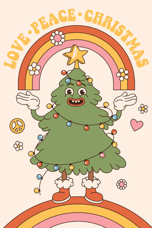 Groovy hippie Christmas and Happy New year. Rainbow, Christmas tree in trendy retro cartoon style.のイラスト素材