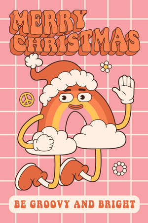 Groovy hippie merry Christmas and Happy New year. Rainbow in trendy retro cartoon style.のイラスト素材