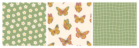 Groovy butterfly, daisy, flower, waves, chessboard. Hippie 60s 70s seamless patterns.