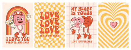Groovy lovely hearts posters. Love concept. Happy Valentines day greeting card. Pink and red colors.のイラスト素材