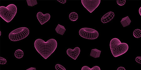 Geometry wireframe shapes and grids in neon pink color. 3D hearts seamless pattern.のイラスト素材