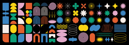 Brutalist abstract geometric shapes and grids. Contemporary figure star oval spiral flower.のイラスト素材