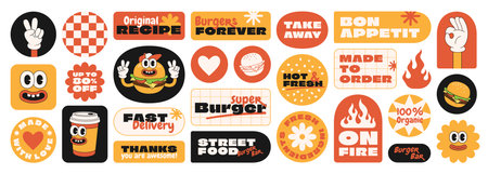 Burger retro cartoon fast food stickers. Groovy comic character, slogan, quotes and other elements.のイラスト素材