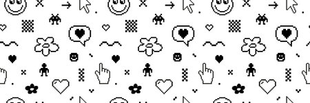 Pixel Y2k retro seamless pattern. 8bit icons abstract icon flower heart checkerboard cursor hand.