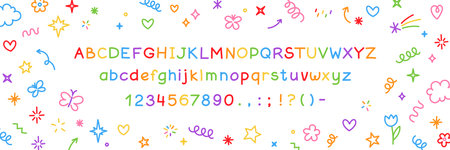 Cute kid scribble doodle alphabet font and flower star heart butterfly rainbow cloud elements.のイラスト素材