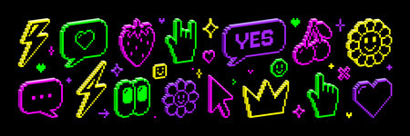 Pixel 3d isometric neon icon and sticker set.のイラスト素材