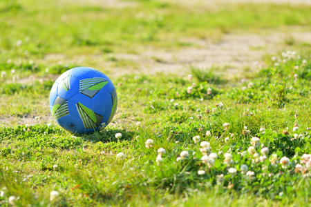 Soccer ball rolling in the parkの写真素材