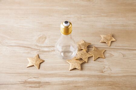 Table photo with light bulbの写真素材