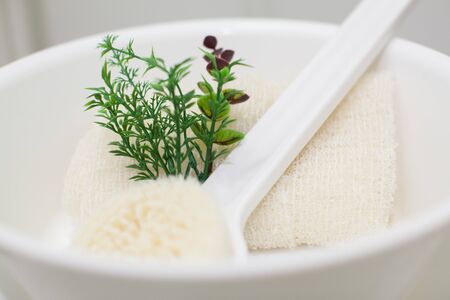 Body brush and washbasin in bathroom