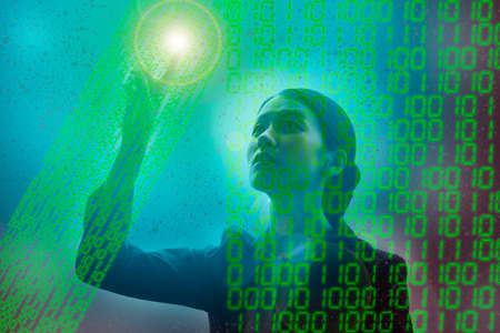 Composite photo of a woman seeking the right answer in a digital virtual space