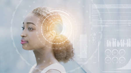 composited computer graphics of business woman, business, and technology