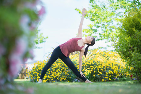 Young woman doing yoga in a green park on fine dayの写真素材