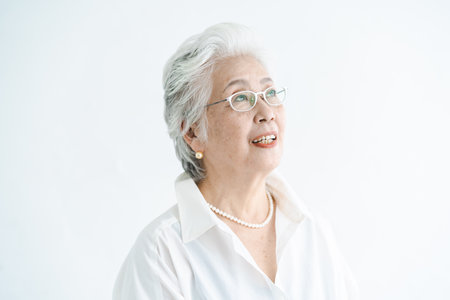 Portrait of asian white-haired aged womanの写真素材