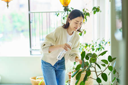 A woman watering a houseplant in a room