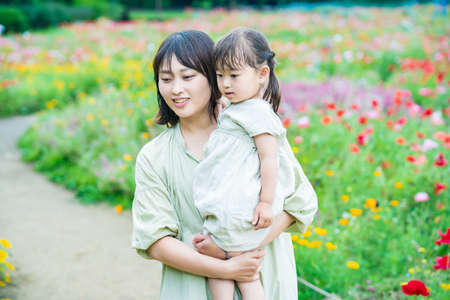 mother and her daughter strolling in the flower field at the parkの写真素材