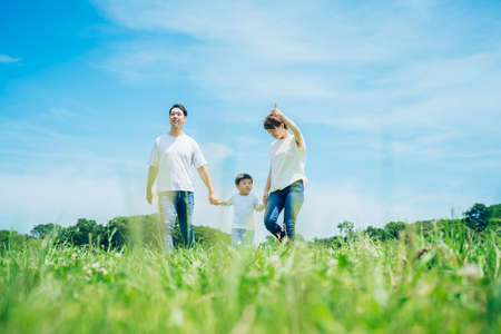 parents and their child holding hands and walking in a sunny green space on fine dayの写真素材