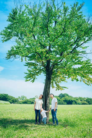 parents and their child lined up under a tree on fine dayの写真素材
