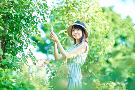 young woman taking pictures while walking in summerの写真素材