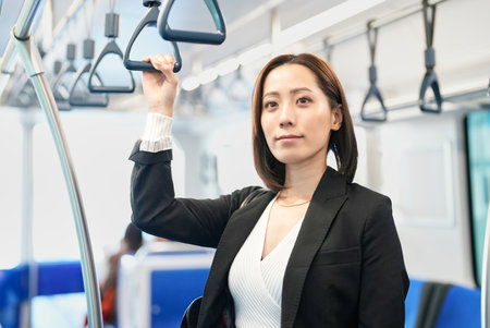 A business woman stands holding a train strap