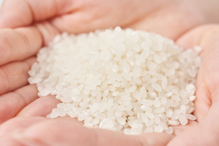 A cup of rice in the hand and white backgroundの写真素材