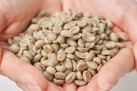 Woman's hand holding coffee beans before roastingの写真素材