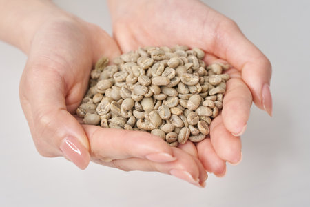 Woman's hand holding coffee beans before roastingの写真素材