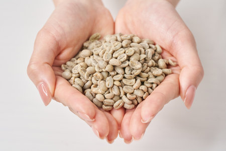 Woman's hand holding coffee beans before roastingの写真素材