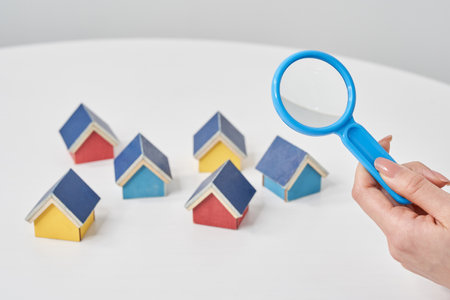Magnifying glass pointed at a house model on the tableの写真素材