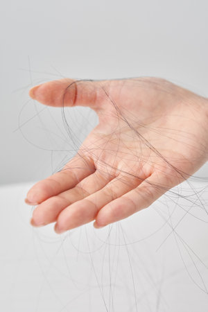 Hand of a woman with lost hair and white backgroundの写真素材